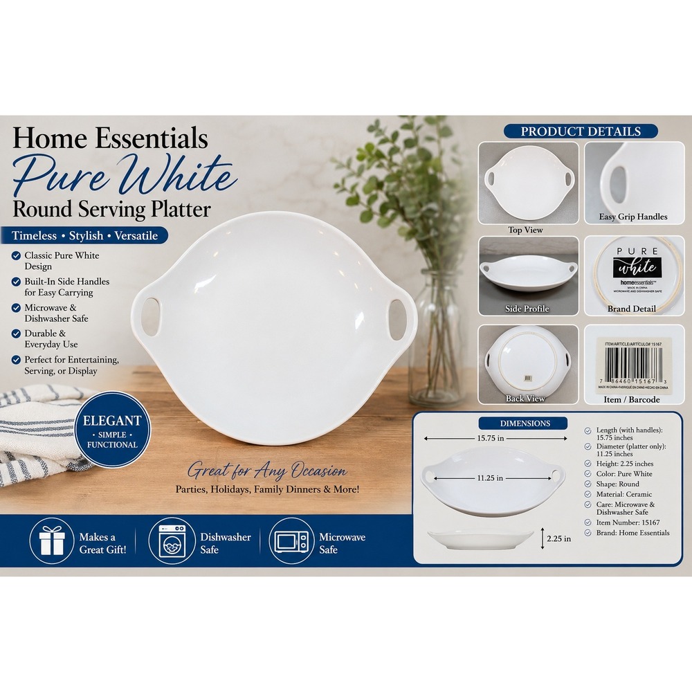 Home Essentials Pure White Ceramic Serving Bowl with Handles 13in Round Platter